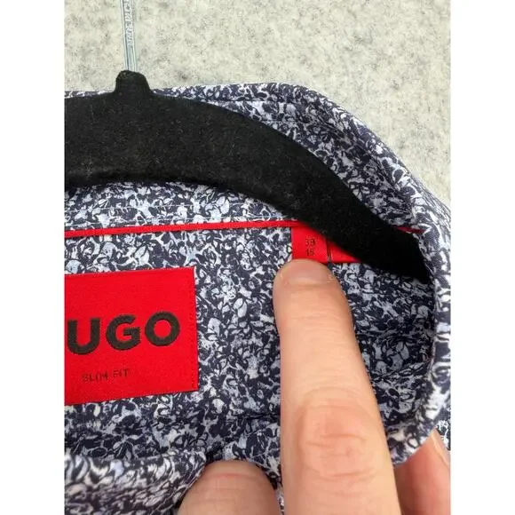 NWT Hugo Boss Kenno Dark Blue Cotton Floral Slim Fit Dress Shirt Size US 15 - Picture 3 of 12